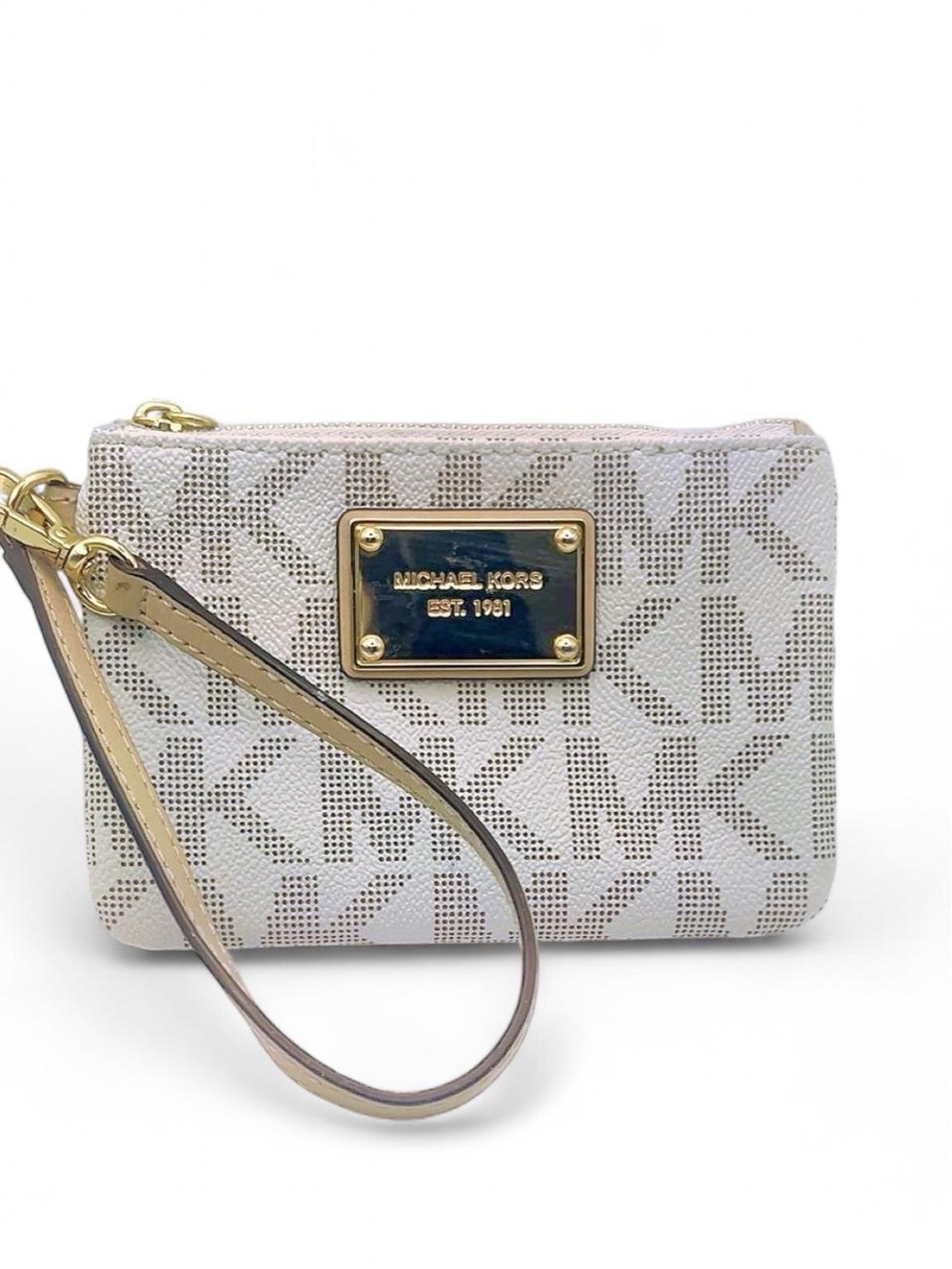 Michael Kors Vanilla MK Signature Wristlet Wallet Pouch Gold Hardware